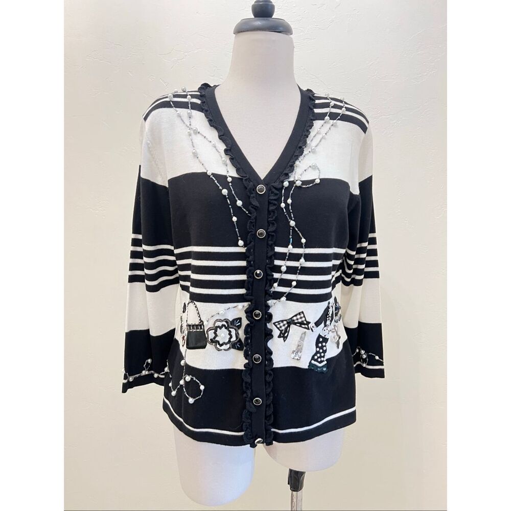 Berek Women's Striped Knit Beaded Novelty Cardigan Black White Size Medium NWT